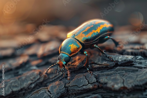 Close-up of a colorful beetle on tree bark, showcasing vibrant hues and intricate details in a natural setting. © HDP-STUDIO