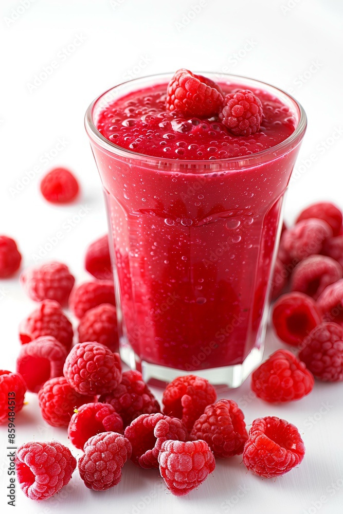Delicious raspberry smoothie with fresh raspberries on a white background. Delicious raspberry smoothie with fresh raspberries on a white background.