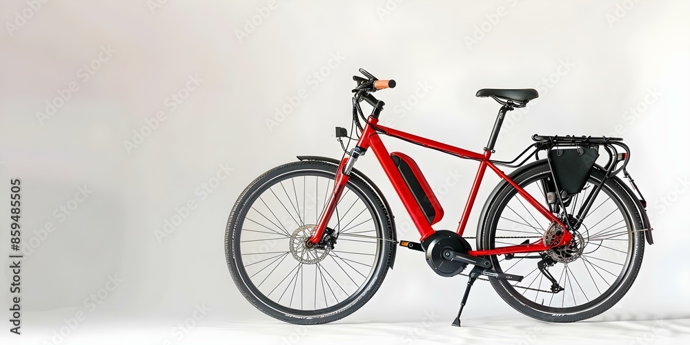 Fototapeta premium Red modern middrive electric bike on white background for city touring. Concept City Touring, Modern Electric Bike, Mid-Drive, Red Color Scheme, White Background
