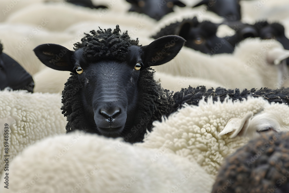 Naklejka premium A black sheep standing out among a flock. 