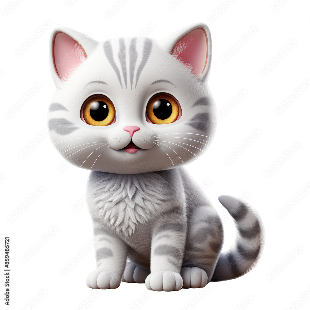 Obraz premium 3D cute happy funny grey cat. Character cartoon on isolated transparent png background.