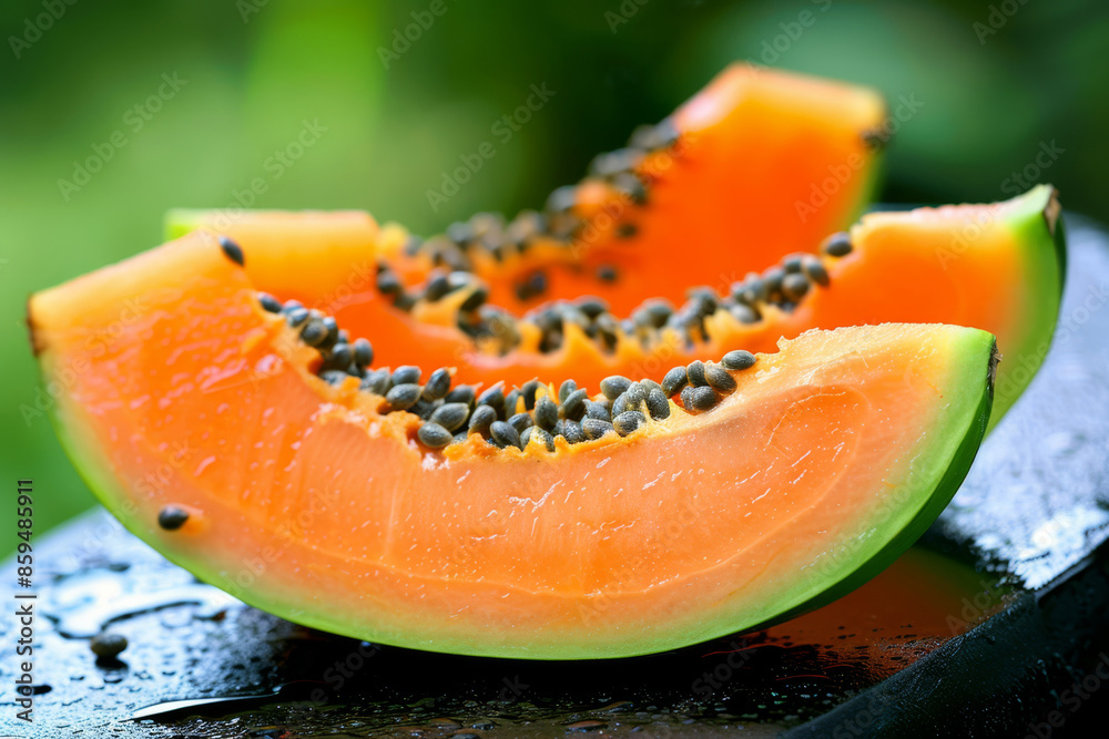 Papaya fruit slices. Summer food background.