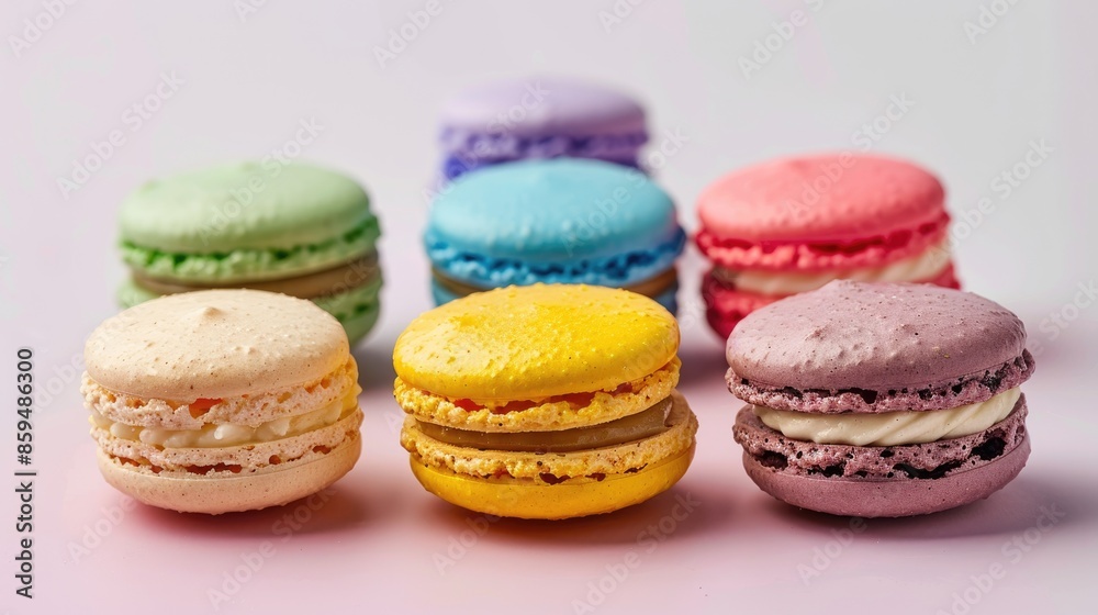 Fashionable almond cake macaron with gooey center and crunchy shell in modern French pastry Array of homemade multicolored treats Fashionable almond cake macaron with gooey center and crunchy shell in modern French pastry Array of homemade multicolored treats