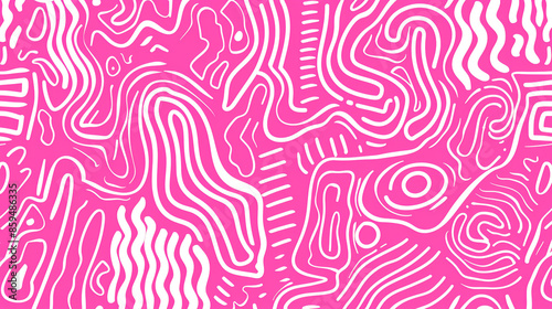 Fun pink line doodle seamless pattern. Creative abstract squiggle style drawing background for children or trendy design with basic shapes.