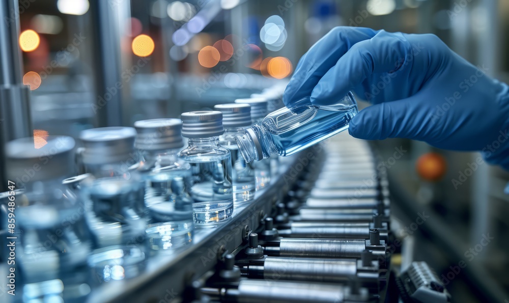 At the factory's medical bottle production line, a close-up of a small bottle placed on a conveyor belt by a hand wearing blue gloves At the factory's medical bottle production line, a close-up of a small bottle placed on a conveyor belt by a hand wearing blue gloves