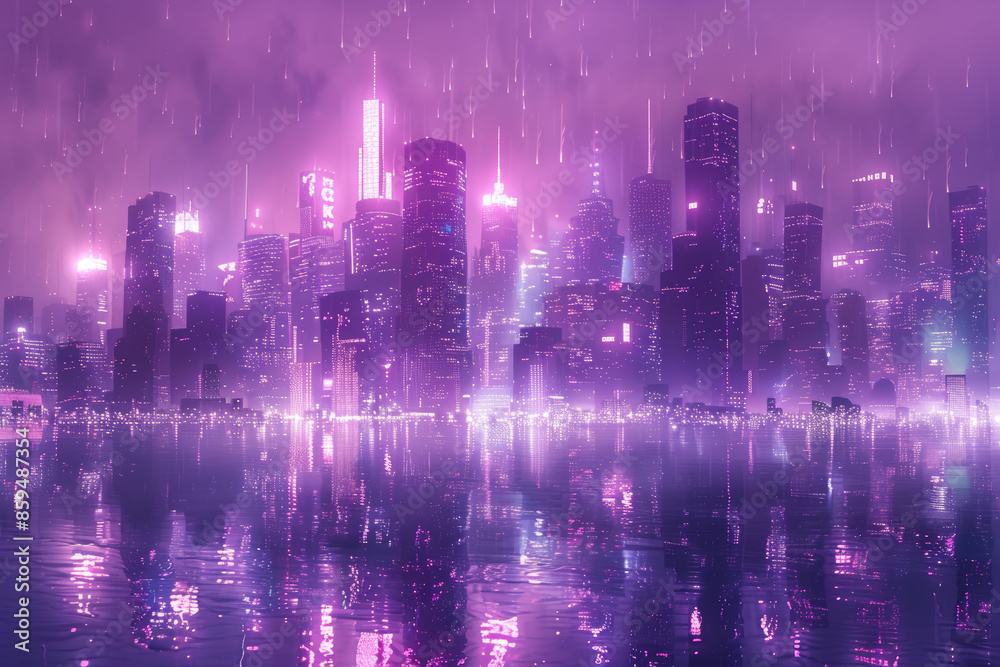 A cityscape with a purple sky and a reflection of the city in the water