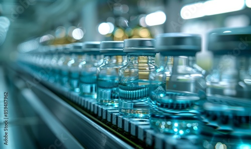 At the factory's medical bottle production line, a close-up of a small bottle placed on a conveyor belt by a hand wearing blue gloves