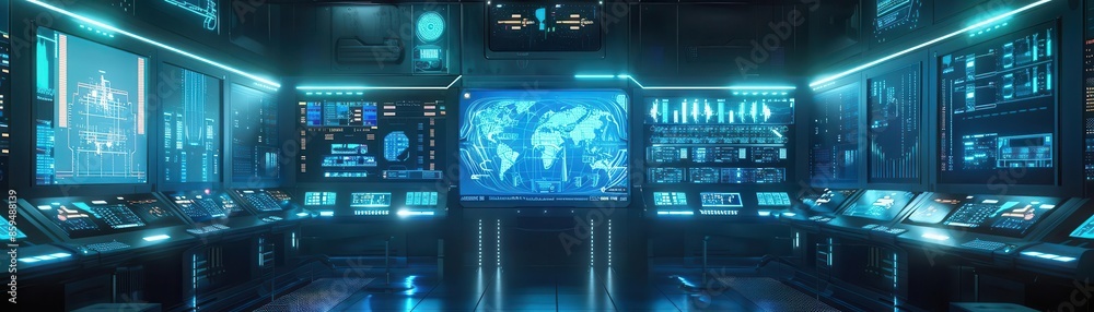 A futuristic control room with holographic screens displaying process flow charts A futuristic control room with holographic screens displaying process flow charts