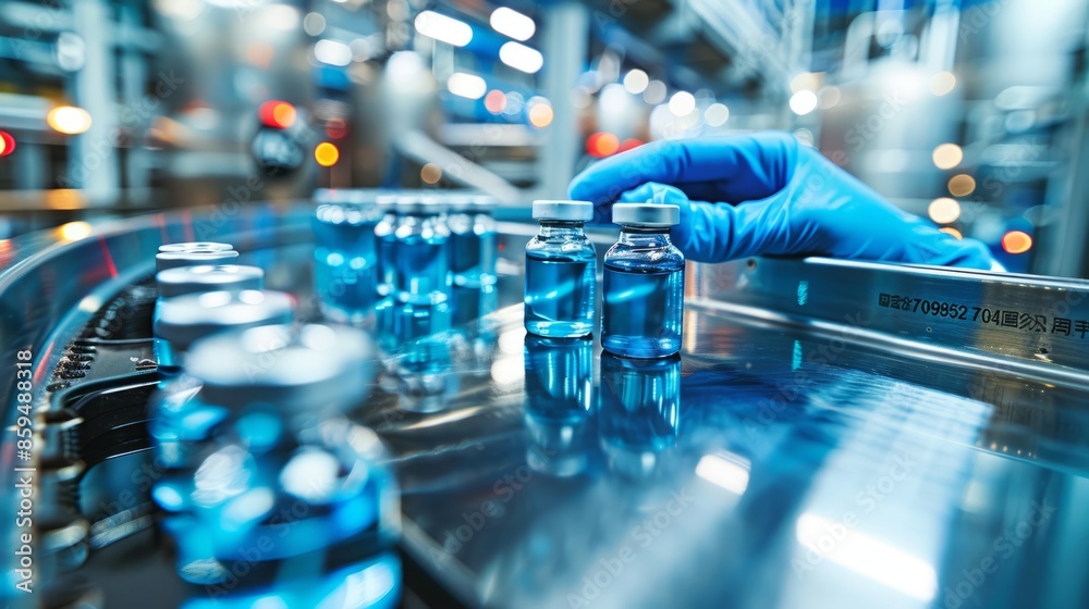 At the factory's medical bottle production line, a close-up of a small bottle placed on a conveyor belt by a hand wearing blue gloves At the factory's medical bottle production line, a close-up of a small bottle placed on a conveyor belt by a hand wearing blue gloves