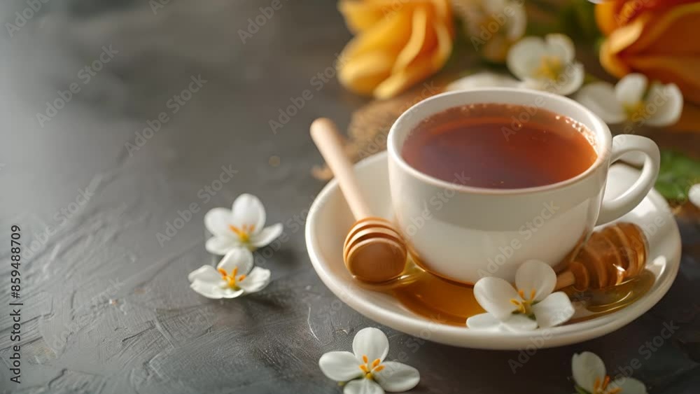 A cup of hot tea sweetened with honey, surrounded by delicate blossoms and a honey dipper on a dark textured table. The scene evokes a sense of warmth and tranquility, perfect for a moment A cup of hot tea sweetened with honey, surrounded by delicate blossoms and a honey dipper on a dark textured table. The scene evokes a sense of warmth and tranquility, perfect for a moment