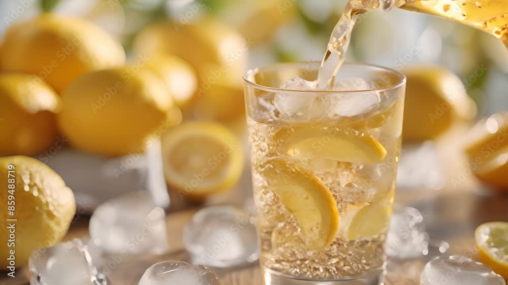 A refreshing glass of ice-cold lemonade with lemon slices being poured, surrounded by fresh lemons and ice cubes. The bright and sunny backdrop highlights the invigorating nature of this classic A refreshing glass of ice-cold lemonade with lemon slices being poured, surrounded by fresh lemons and ice cubes. The bright and sunny backdrop highlights the invigorating nature of this classic