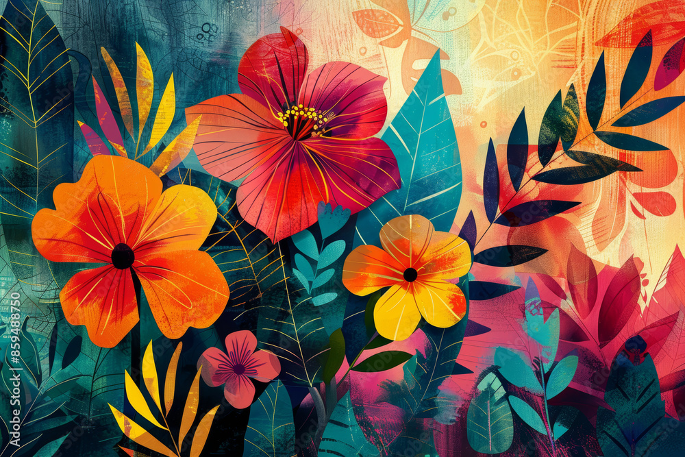A colorful painting of flowers with a bright blue background A colorful painting of flowers with a bright blue background