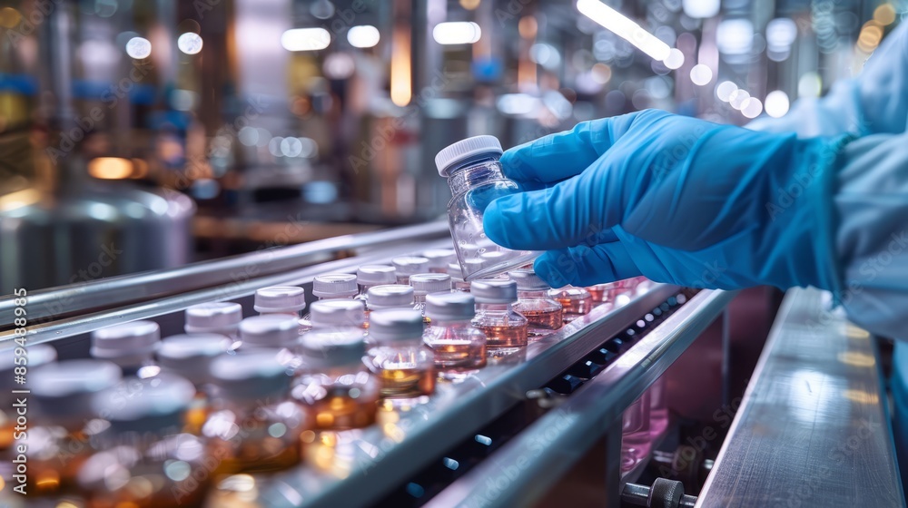 At the factory's medical bottle production line, a close-up of a small bottle placed on a conveyor belt by a hand wearing blue gloves At the factory's medical bottle production line, a close-up of a small bottle placed on a conveyor belt by a hand wearing blue gloves