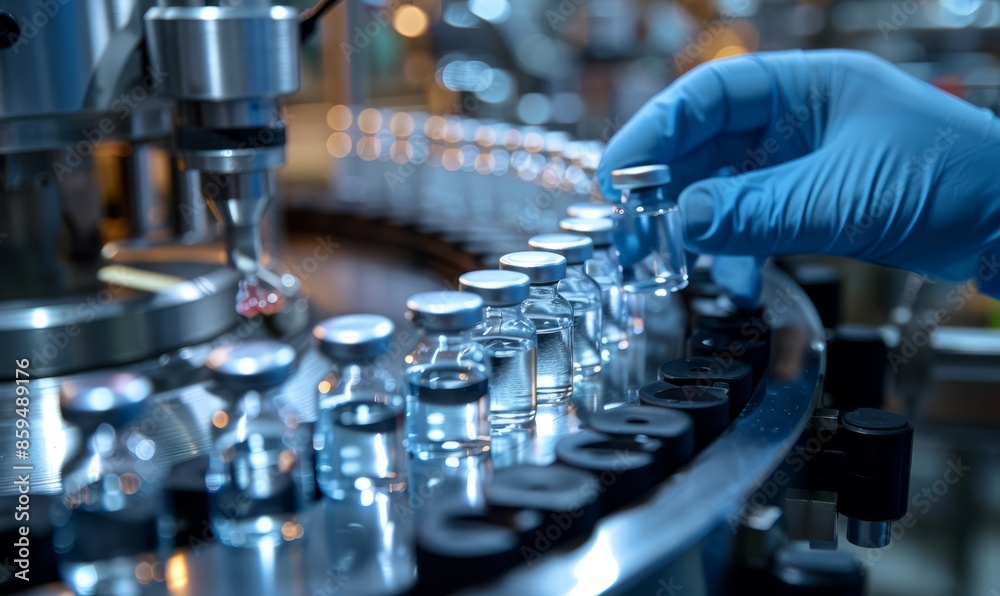 At the factory's medical bottle production line, a close-up of a small bottle placed on a conveyor belt by a hand wearing blue gloves At the factory's medical bottle production line, a close-up of a small bottle placed on a conveyor belt by a hand wearing blue gloves