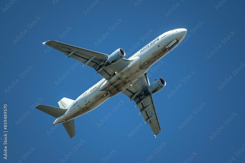 Airplane prominently featured in a vast blue sky. Airplane prominently featured in a vast blue sky.