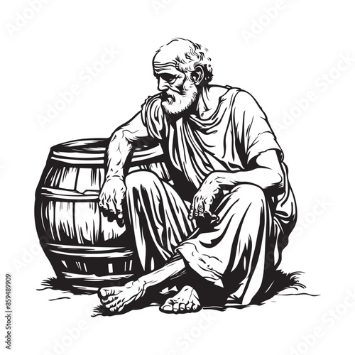 An elderly ancient Greek man sits next to a barrel of wine Image vector isolated on white background