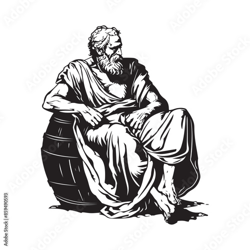 An elderly ancient Greek man sits next to a barrel of wine Image vector isolated on white background