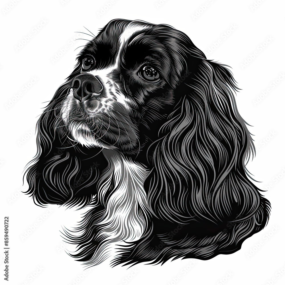 A black and white drawing of a cavalier king charles spaniel dog A black and white drawing of a cavalier king charles spaniel dog