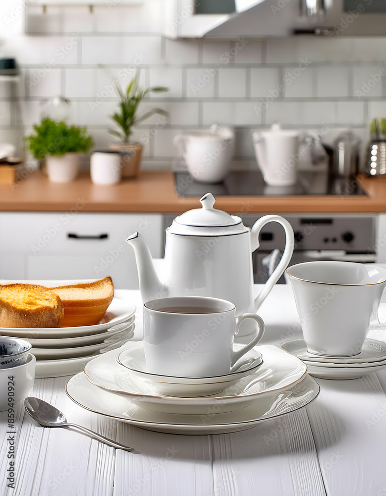 breakfast with coffee.dishes, cups, saucers, and a coffee pot on a white tabletop, with a tastefully blurred white kitchen in the background. breakfast with coffee.dishes, cups, saucers, and a coffee pot on a white tabletop, with a tastefully blurred white kitchen in the background.