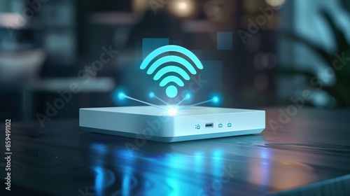 A router with futuristic wifi logo hologram on a dark room background