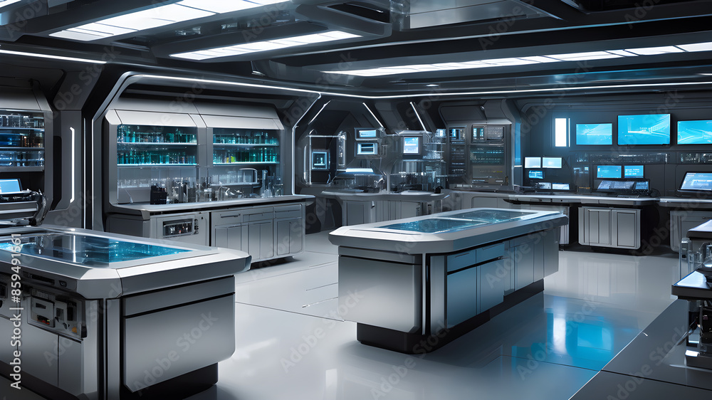 A futuristic laboratory with sleek, metallic surfaces and advanced, holographic displays, Generative AI A futuristic laboratory with sleek, metallic surfaces and advanced, holographic displays, Generative AI