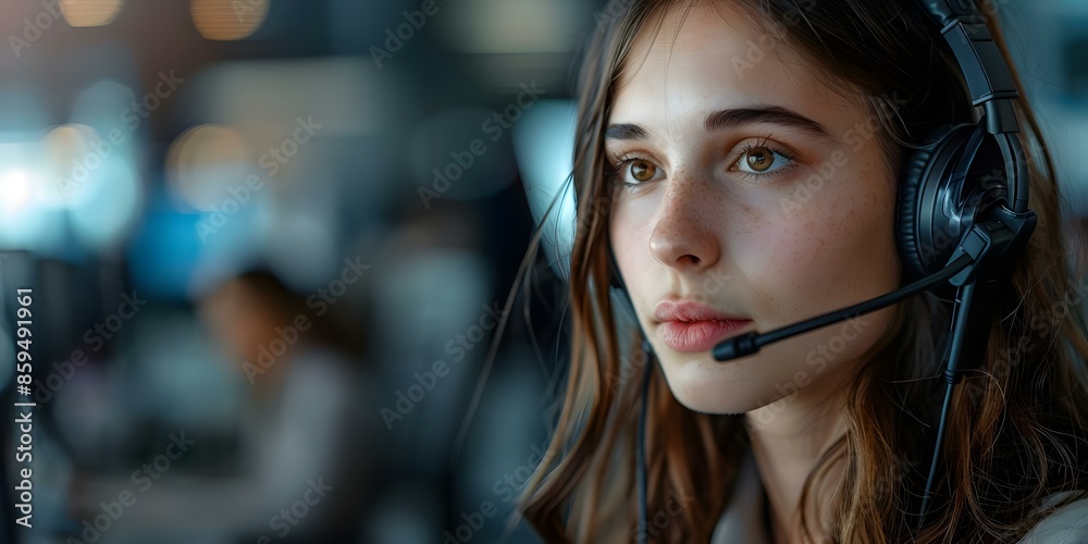 Woman with Long Brunette Hair Wearing a Headset in a Call Center. Concept Call Center, Long Brunette Hair, Headset, Women, Customer Service Woman with Long Brunette Hair Wearing a Headset in a Call Center. Concept Call Center, Long Brunette Hair, Headset, Women, Customer Service