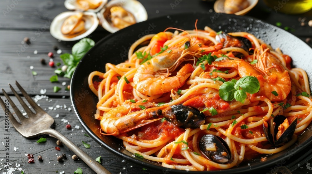 Delicious Italian pasta marinara with seafood in a plate on a black wooden table Delicious Italian pasta marinara with seafood in a plate on a black wooden table