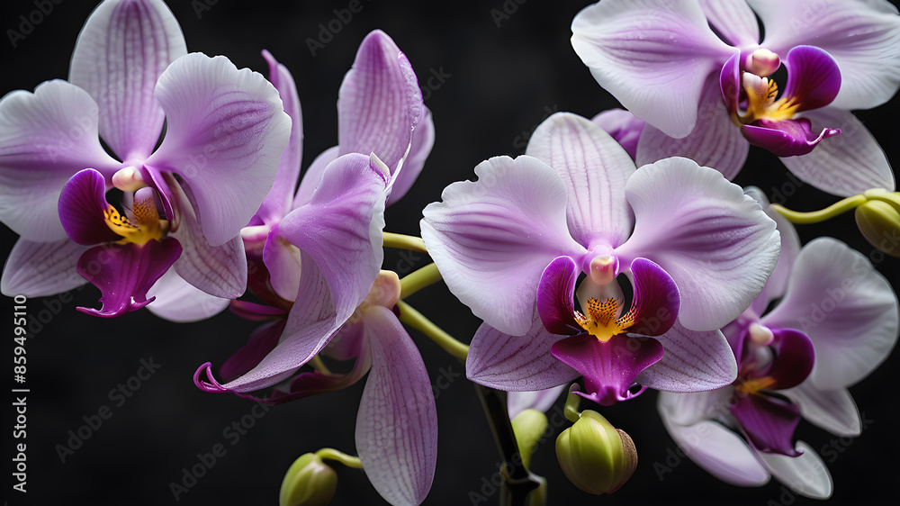 A macro photograph of a delicate, blooming orchid against a dark background, Generative AI A macro photograph of a delicate, blooming orchid against a dark background, Generative AI