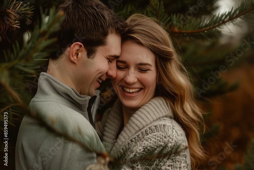 A couple laughing surrounded by nature