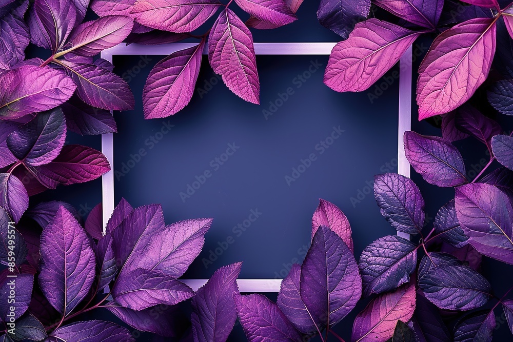 Tropical leaves with white frame, abstract purple leaves, small green leaves, natural purple background. Tropical leaves with white frame, abstract purple leaves, small green leaves, natural purple background.