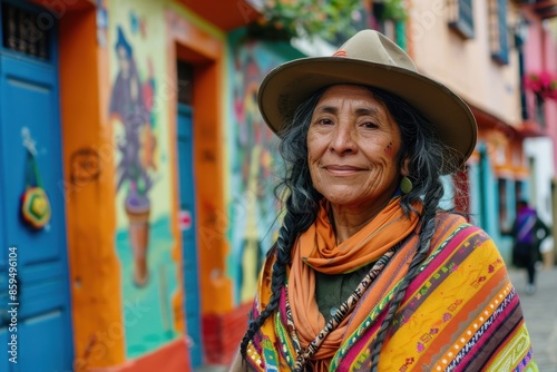 Woman in Traditional Ruana Walking Through La Candelaria in Bogotá

 photo