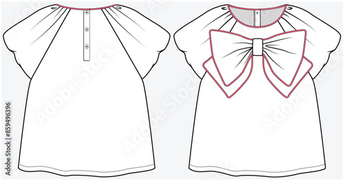 A LINE WOVEN TOP WITH RAGLAN SLEEVES AND BOW DETAIL DESIGNED FOR TEEN AND KID GIRLS IN VECTOR FILE