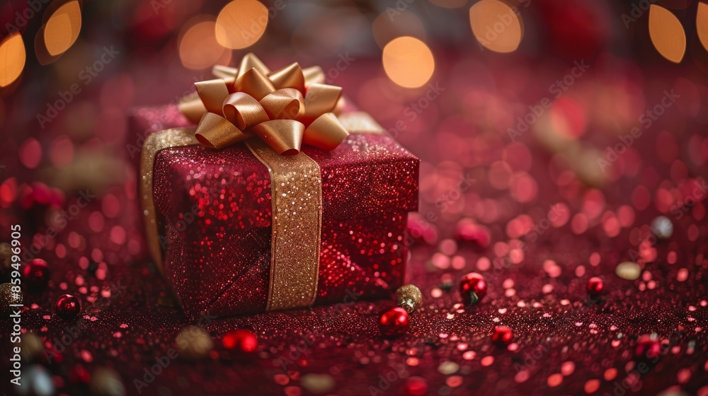 A festive red and gold gift box with a golden ribbon bow, set against a shimmering red background, perfect for holiday celebrations, imbued with joy and festive charm. A festive red and gold gift box with a golden ribbon bow, set against a shimmering red background, perfect for holiday celebrations, imbued with joy and festive charm.