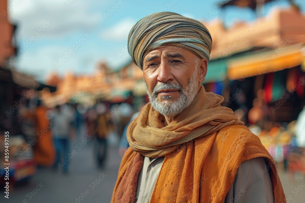 Naklejka premium Middle-Aged Man in Traditional Djellaba Walking Through Jemaa el-Fnaa Square