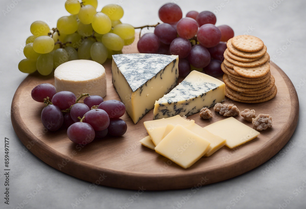 An artisanal cheese platter featuring a selection of hard and soft cheeses grapes and crackers invit An artisanal cheese platter featuring a selection of hard and soft cheeses grapes and crackers invit