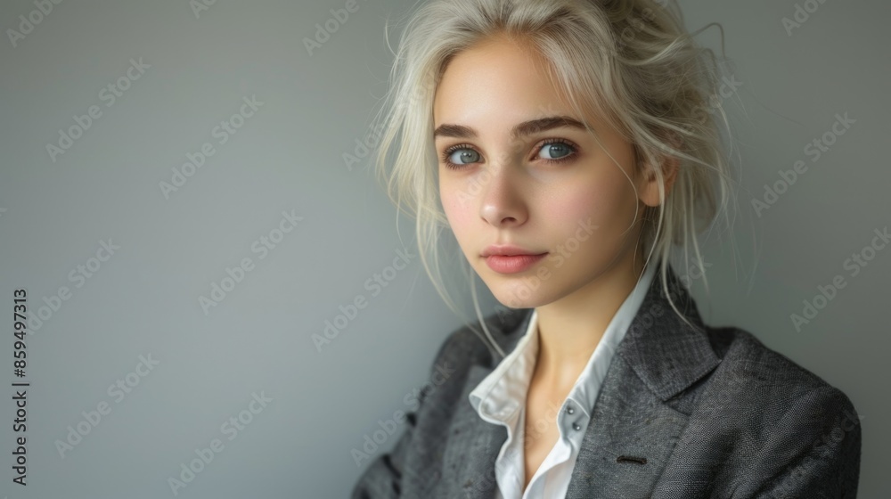 Elegant Young Woman with Striking Blue Eyes and Blonde Hair