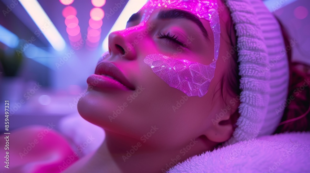 This image captures a person receiving a facial treatment with an LED device surrounded by a vibrant pink and purple ambient light, indicative of a high-end spa environment. This image captures a person receiving a facial treatment with an LED device surrounded by a vibrant pink and purple ambient light, indicative of a high-end spa environment.