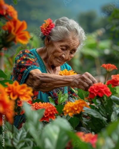 Elderly Woman in Traditional Attire Tending Flower Garden in San José Village

 photo