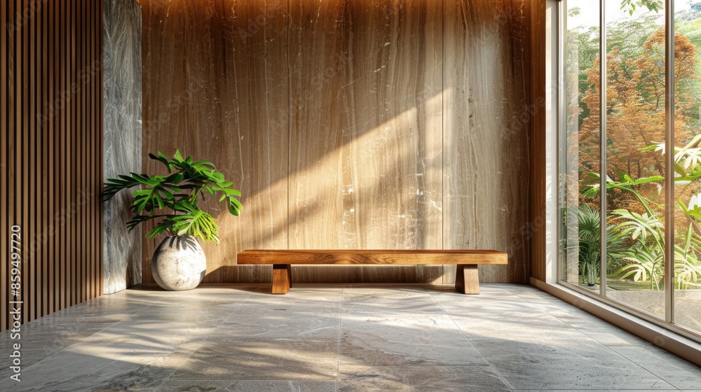 Serene Modern Home Interior with Sunbeam and Greenery Serene Modern Home Interior with Sunbeam and Greenery