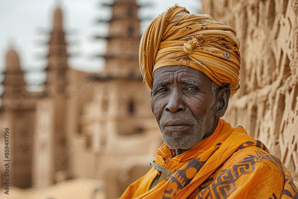 Elderly Man in Traditional Tuareg Robe Standing Before Ancient Mosques in Timbuktu

