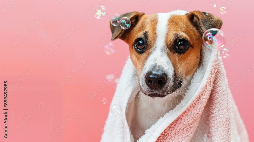 Dog wrapped in a towel with bubbles on pink background Dog wrapped in a towel with bubbles on pink background
