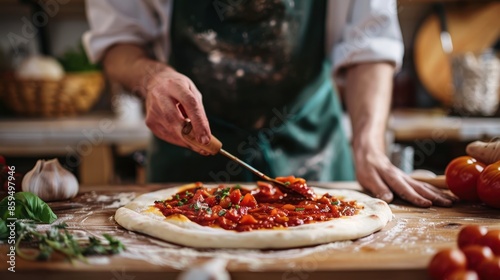 The chef preparing pizza