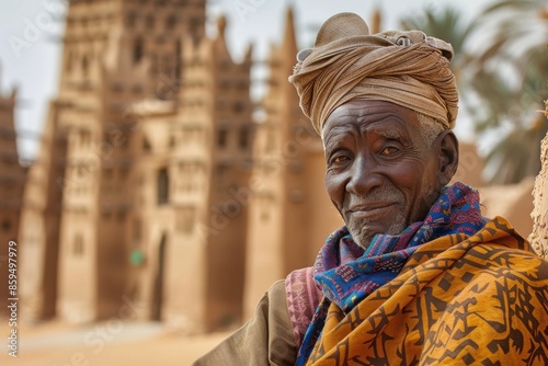 Elderly Man in Traditional Tuareg Robe Standing Before Ancient Mosques in Timbuktu

