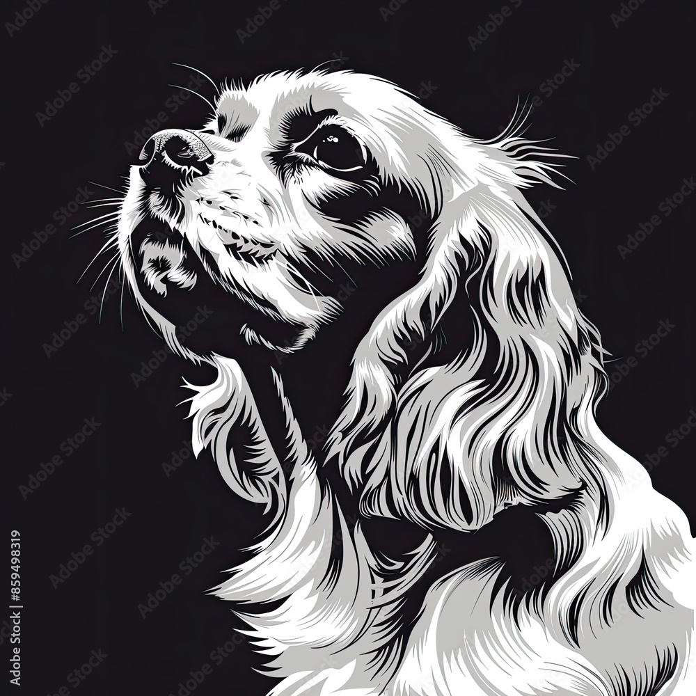 Naklejka premium A black and white drawing of a Cavalier King Charles Spaniel dog