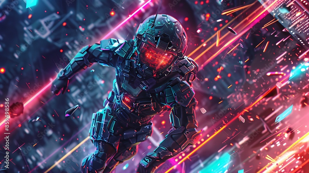 Obraz premium Futuristic 3d gaming abstract background with Caracter and glowing lines for desktop wallpaper