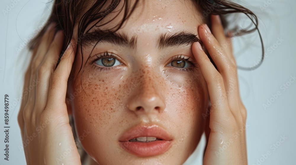 The freckled woman's wet face The freckled woman's wet face