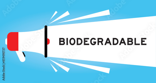 Color megaphone icon with word biodegradable in white banner on blue background