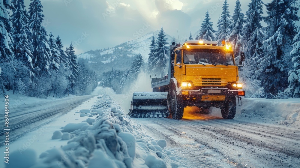 A yellow snowplow working on a snow-covered mountain road, ensuring safe passage during winter conditions, captured in a scenic landscape with tall pine trees and soft sunlight. A yellow snowplow working on a snow-covered mountain road, ensuring safe passage during winter conditions, captured in a scenic landscape with tall pine trees and soft sunlight.