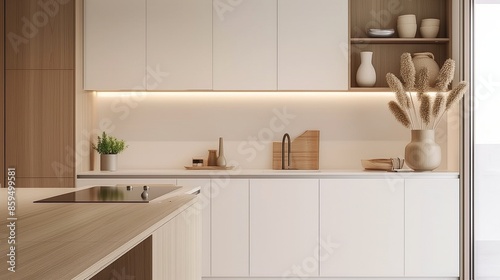 bright modern kitchen with sleek white cabinets and light wood accents creating a cozy minimalist space