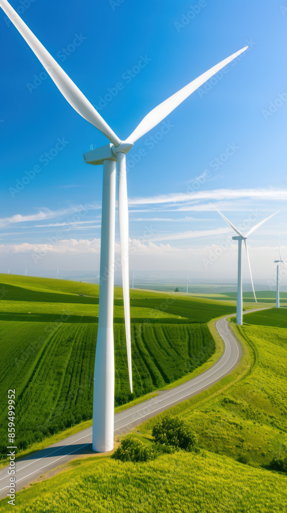 Obraz premium A wind farm with three wind turbines is shown in the distance